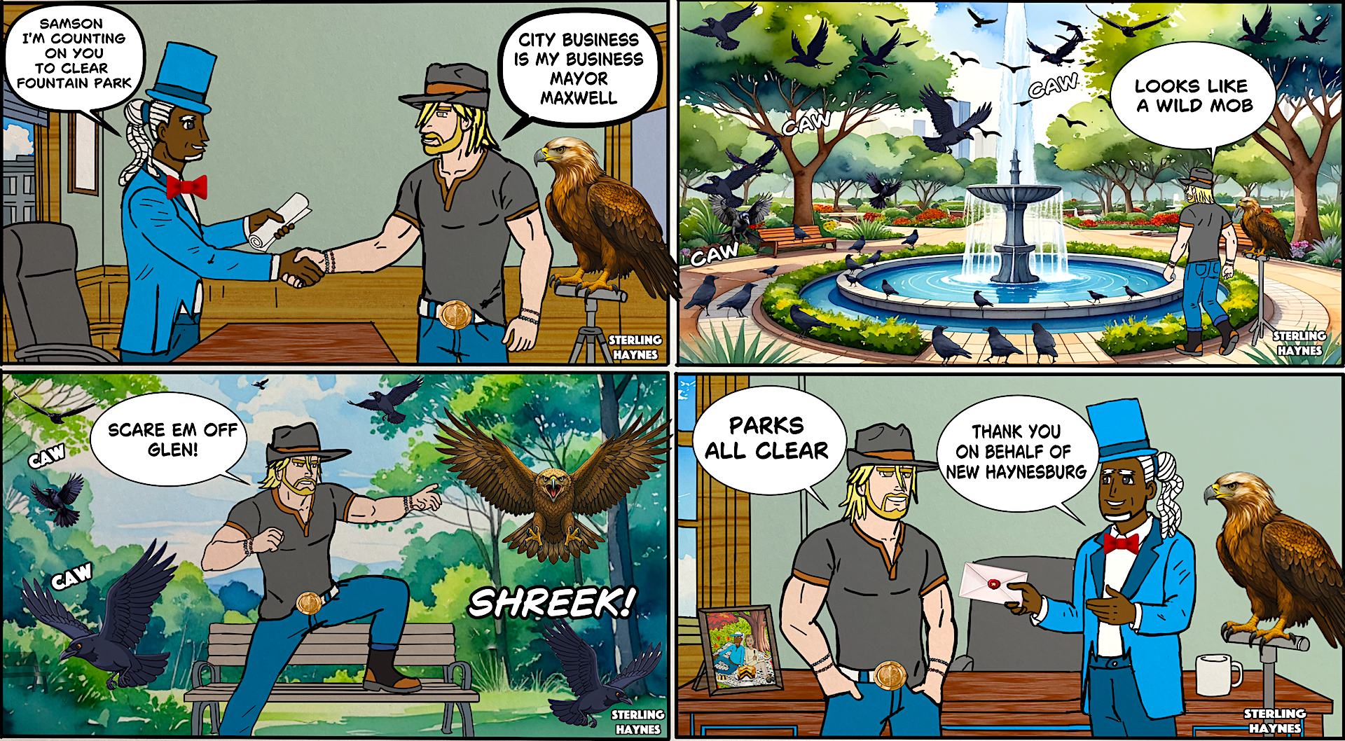 A comic strip featuring a man with a large eagle, a park with trees and birds, and a man shooing away crows, ending with a handshake and a thank you note.