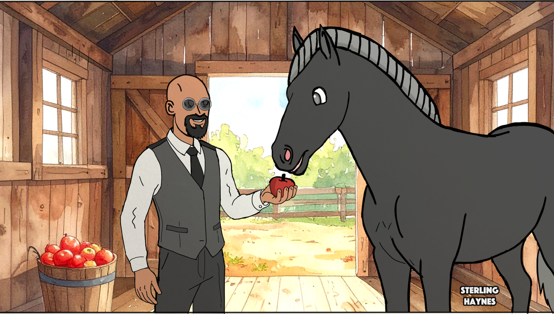 A man with sunglasses and a vest is holding an apple, feeding a black horse inside a wooden barn.