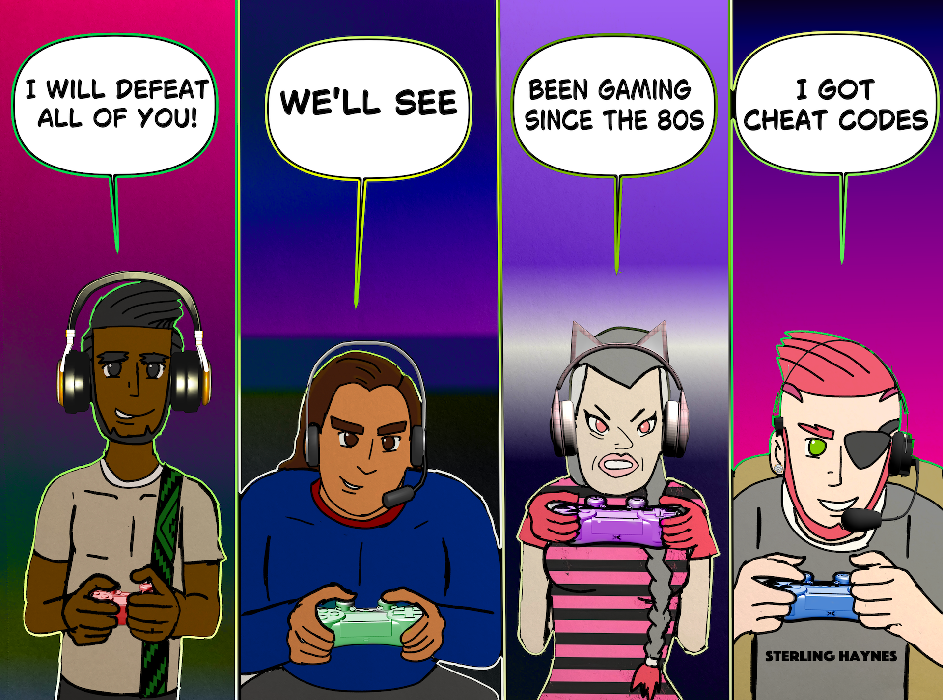 Four cartoon characters with gaming headsets playing video games, each with a speech bubble containing gaming-related statements.