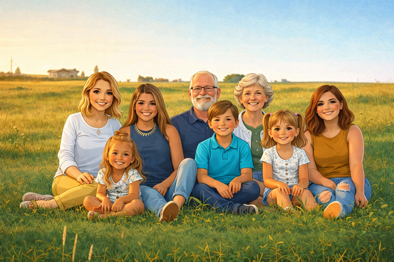 A multi-generational family of nine people sitting on grass in a field with a house in the background, smiling at the camera.