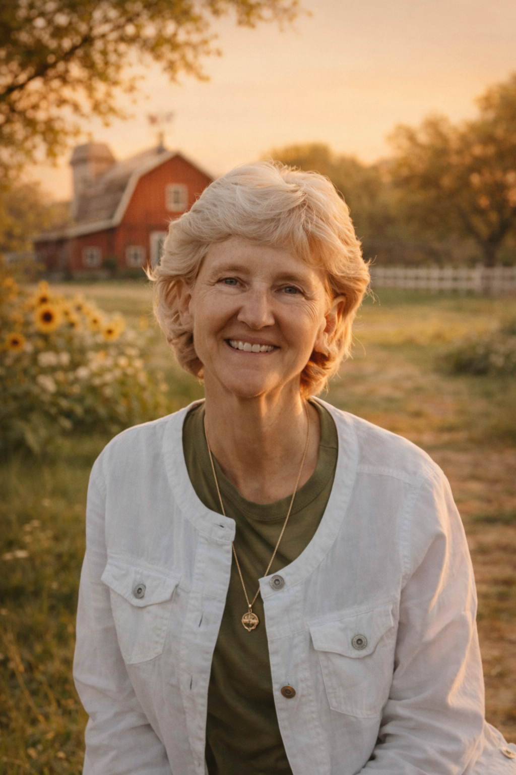 A smiling elderly woman with blonde hair outdoors at sunset, with a barn and sunflower field in the background.