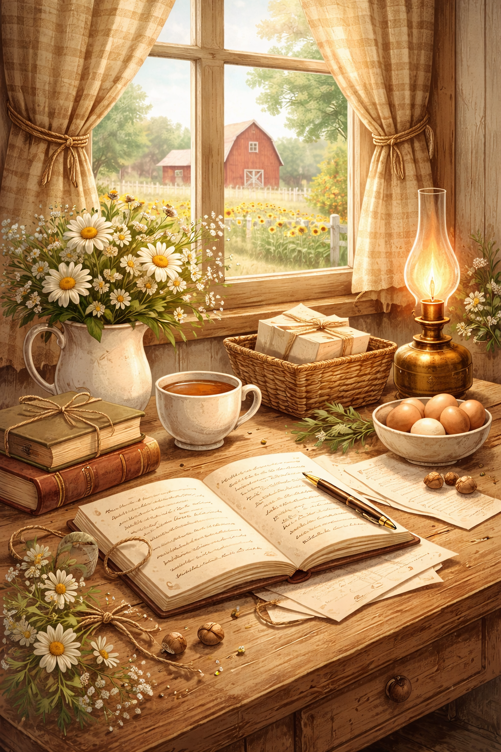 A cozy wooden desk by a window with yellow check curtains, filled with books, a cup of tea, flowers in a jug, a basket with wrapped gifts, a bowl of eggs, a candle lamp, and handwritten notes, overlooking a sunny farm scene with a red barn and yellow flowers.