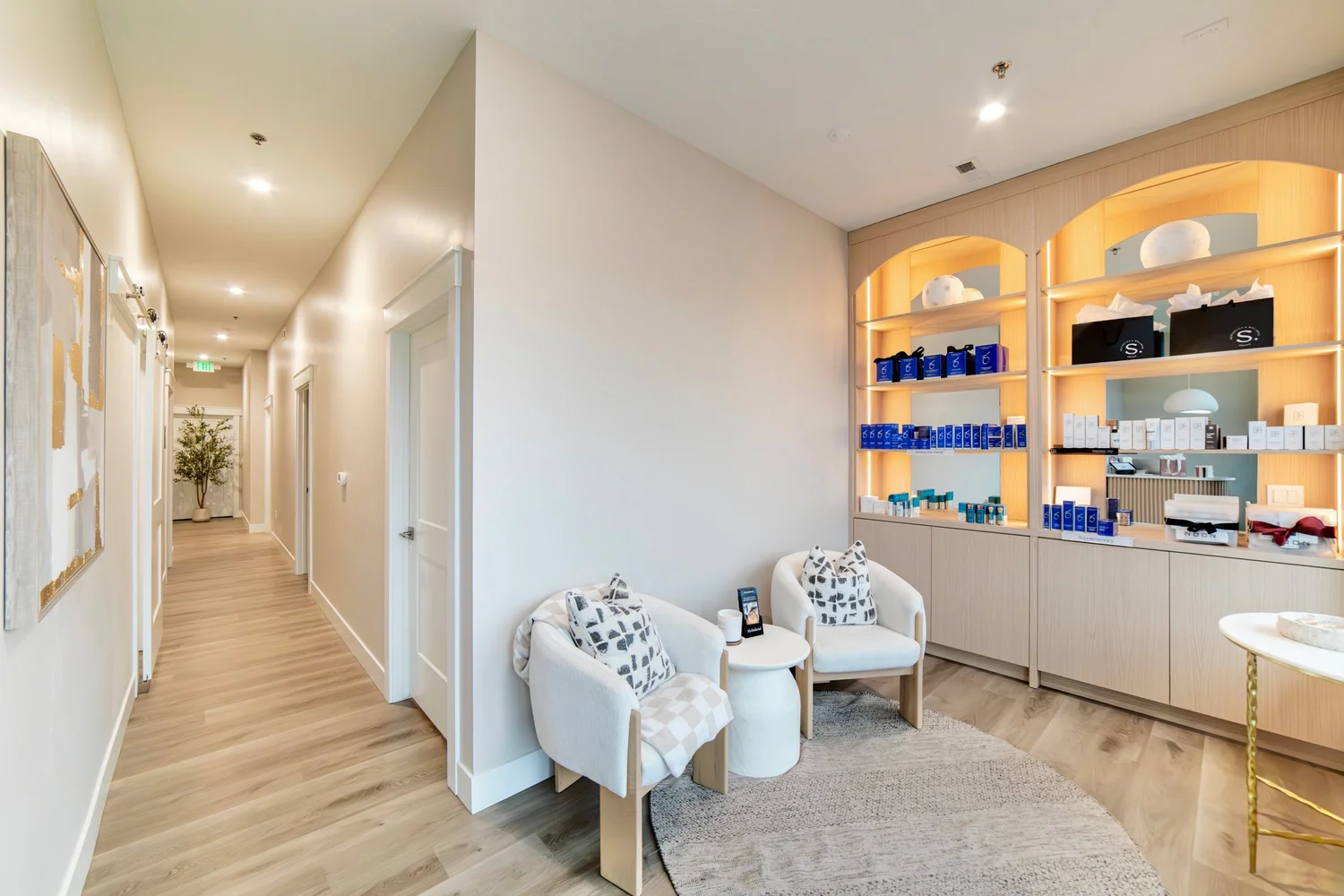 Bright lobby and skincare boutique inside SKYN Aesthetics and Wellness on W State St in Star, Idaho