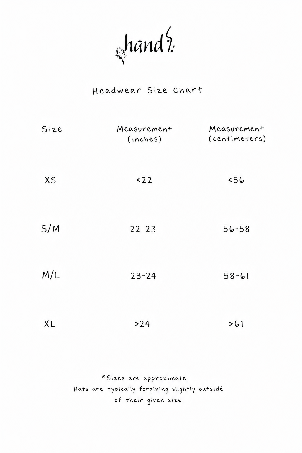 A headwear size chart listing sizes XS, S/M, M/L, XL with corresponding measurements in inches and centimeters.