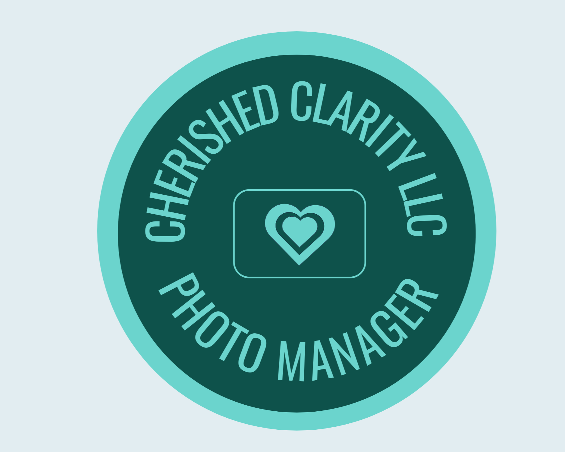 Circular badge with the text 'Cherished Clarity LLC Photo Manager' and a 3 heart icon and a box around it distinguishing organization in the center.