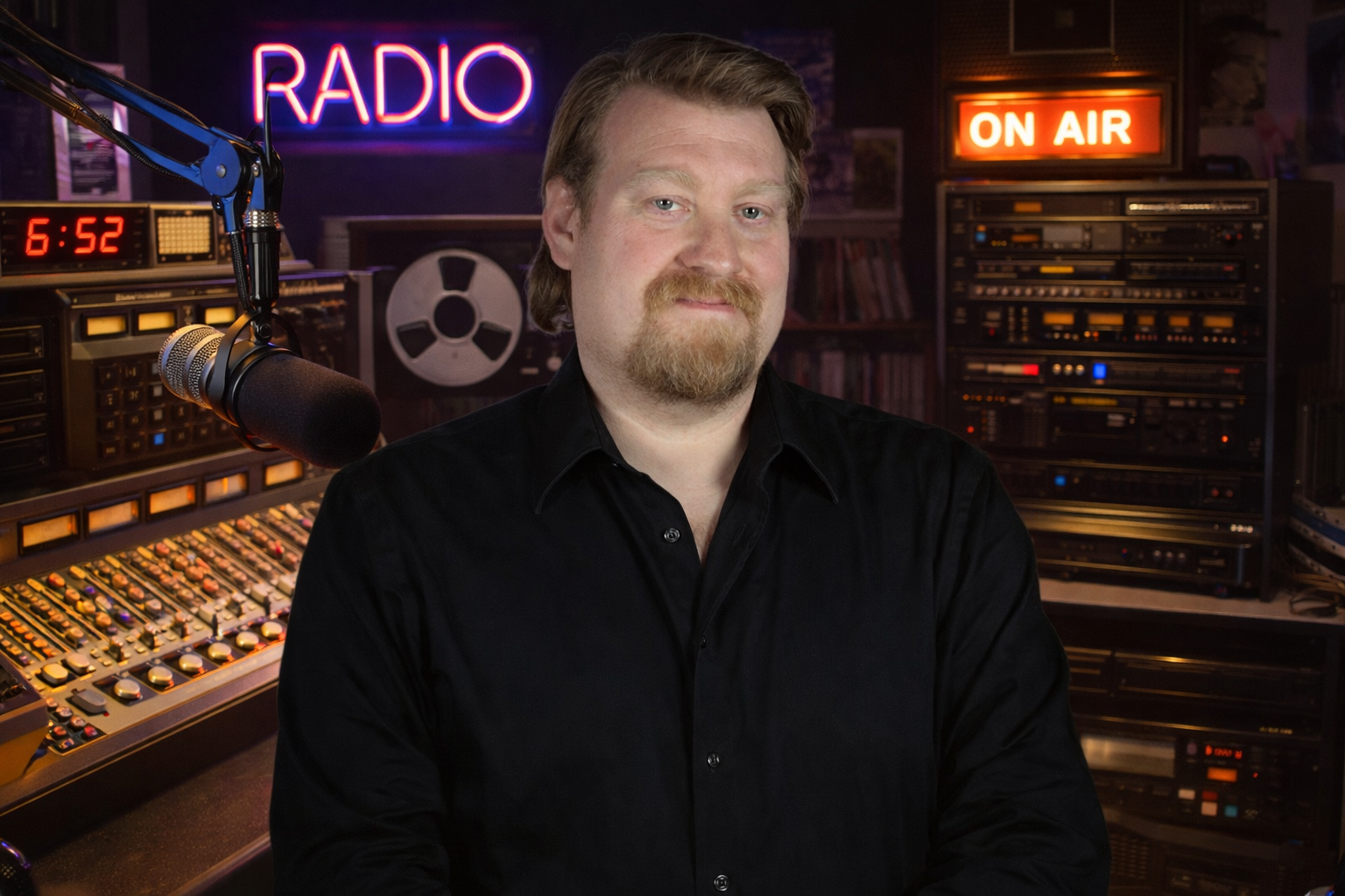 Brandon Vogt in his radio studio