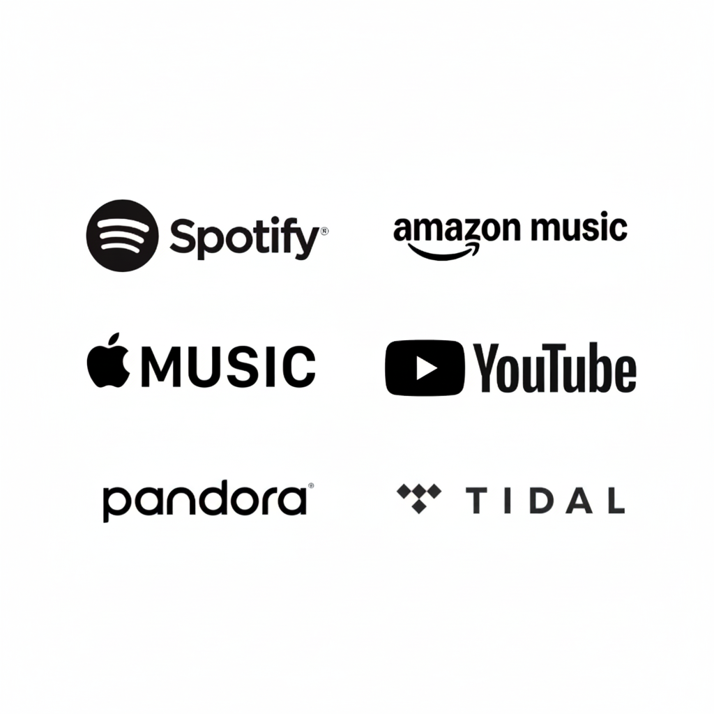 Black and white logos of music streaming services: Spotify, Amazon Music, Apple Music, YouTube, Pandora, TIDAL.