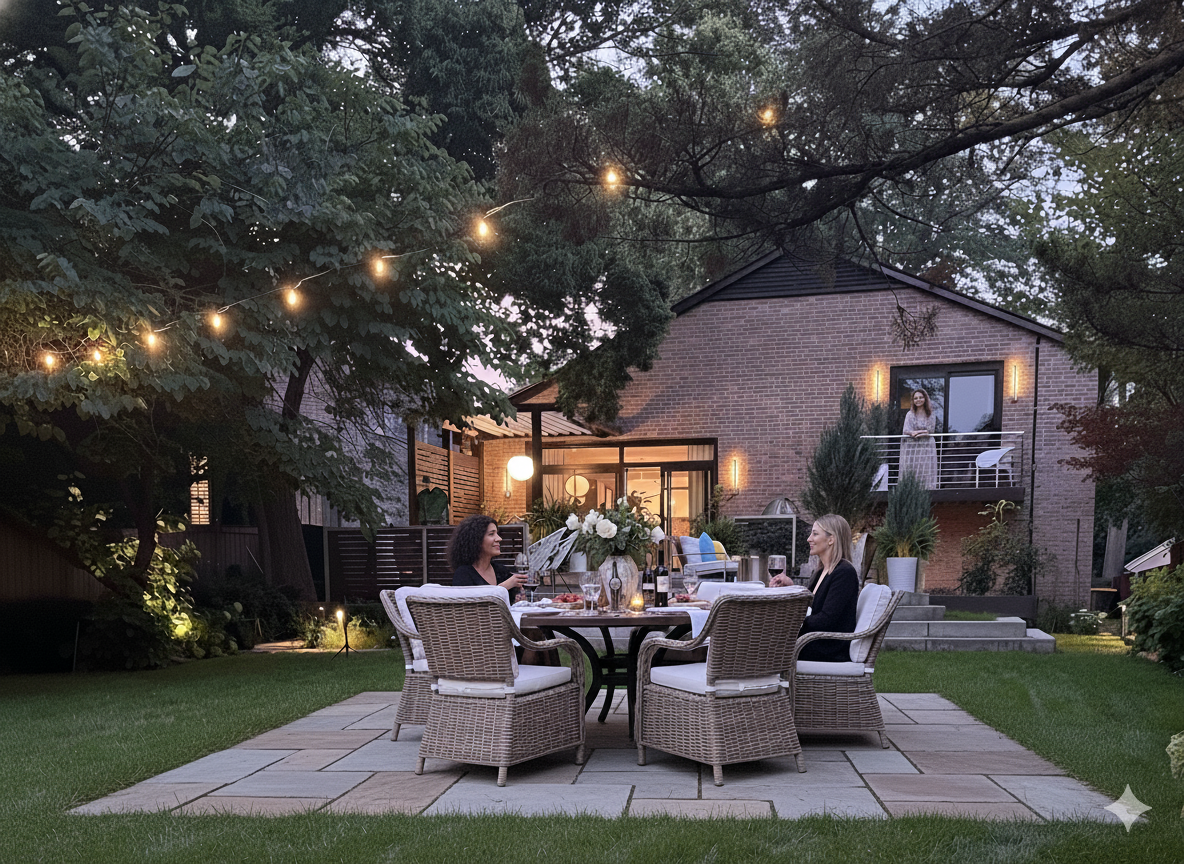 Two women enjoying drinks at an outdoor dinner table in a backyard during evening, with house and trees in background decorated with string lights.
