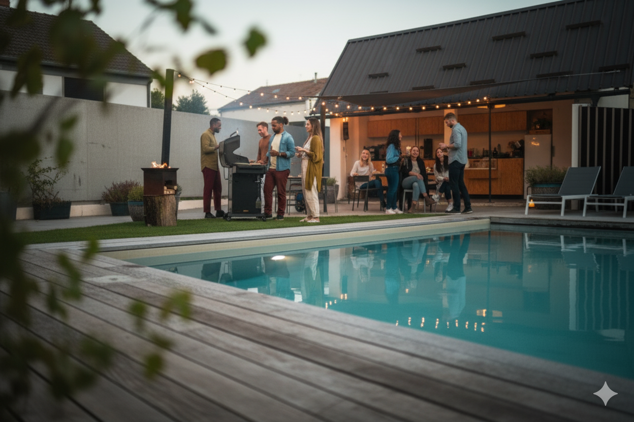 A group of friends gathered around a grill and socializing near a pool, with outdoor lighting and a patio area.