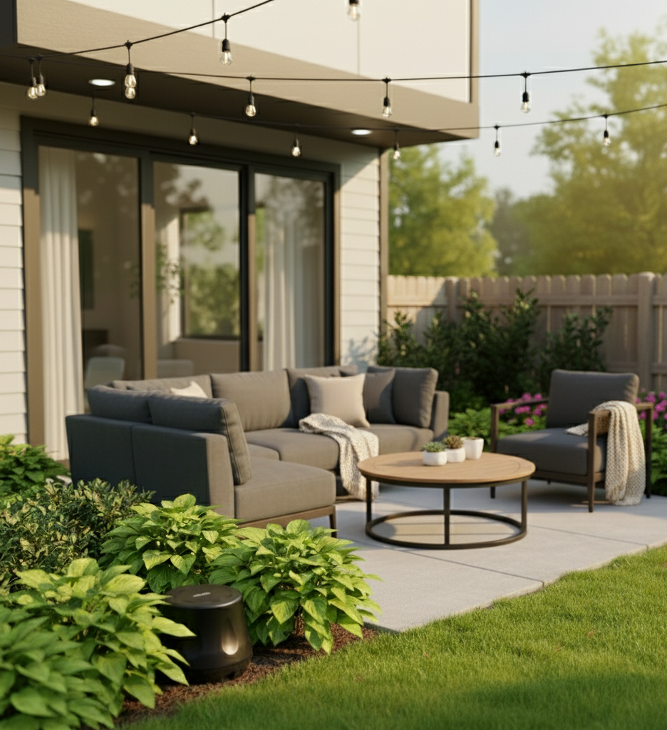 Outdoor patio with gray sofa, armchair, and round coffee table on concrete slabs; string lights overhead; garden with green bushes and flowers in the background; sliding glass door with white curtains; small black outdoor speaker in plants.