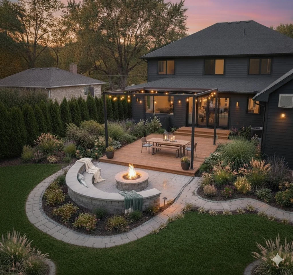 Backyard patio area with a fire pit, outdoor furniture, string lights, and landscaped garden, behind a modern black house at sunset.