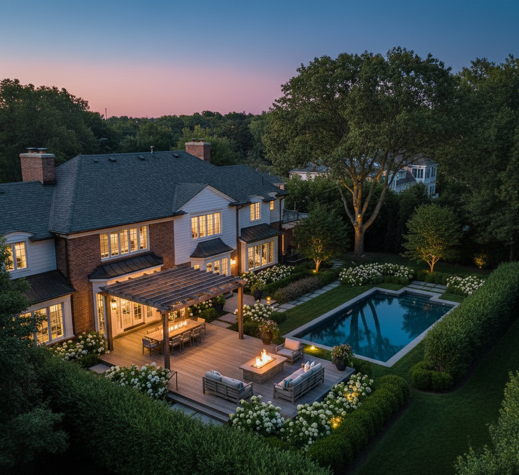 A backyard at dusk featuring a house with lit windows, a swimming pool, outdoor seating around a fire pit, and landscaped gardens with bushes and trees.