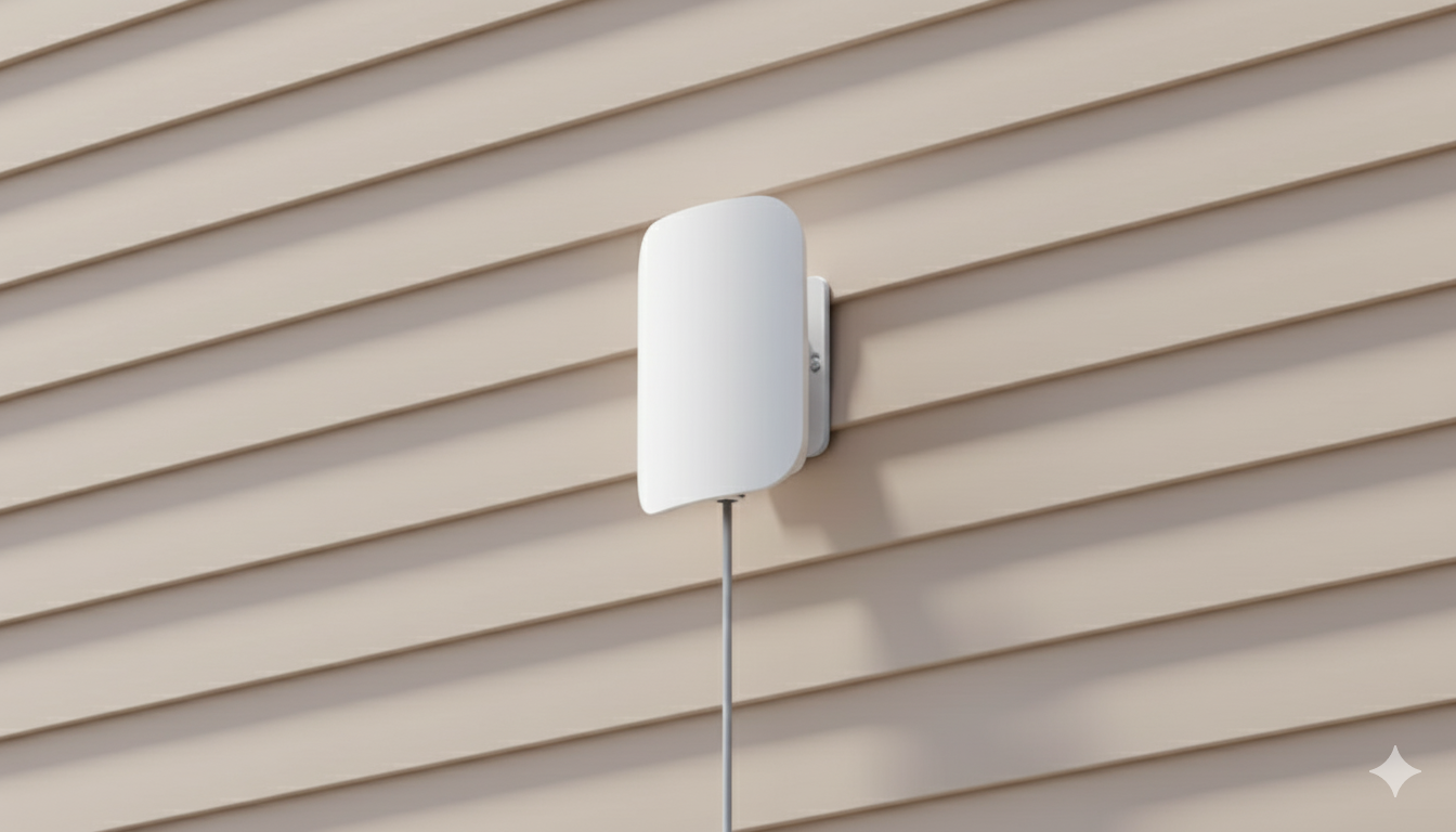 A white outdoor Wi-Fi access point mounted on beige siding.