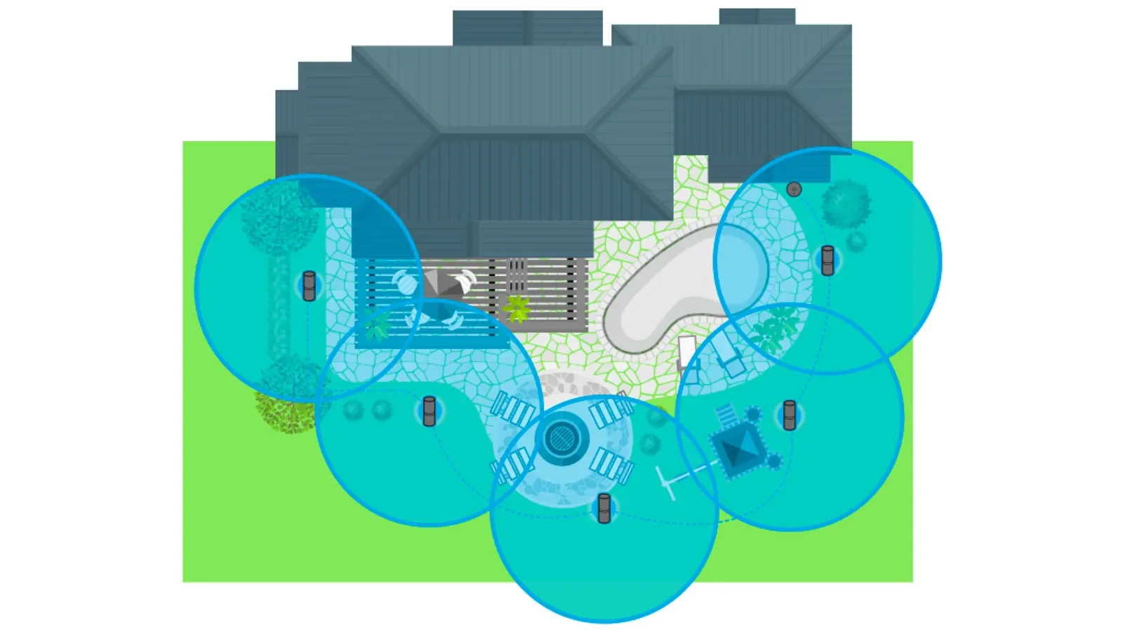 A top-down view of a backyard with a house, slide, patio, lawn, and various circular zones marked for mosquito repeller coverage.