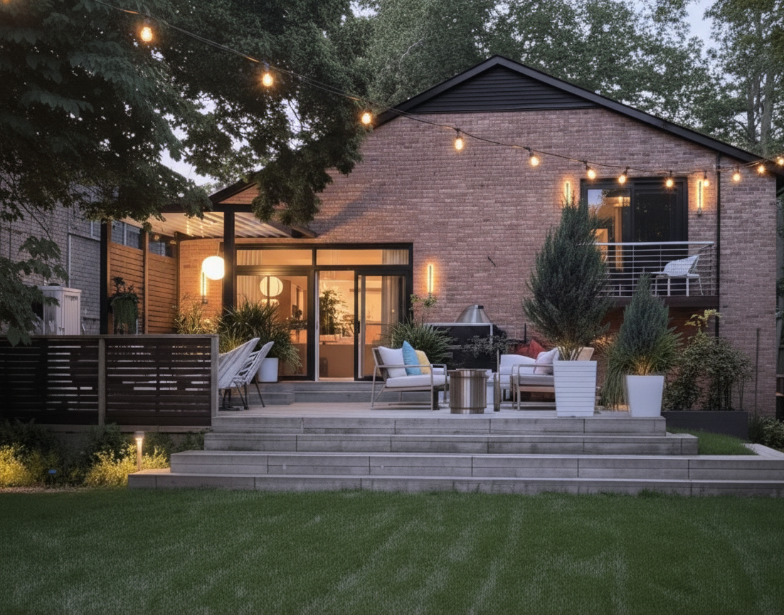Backyard patio area with outdoor furniture, potted plants, and string lights at dusk.