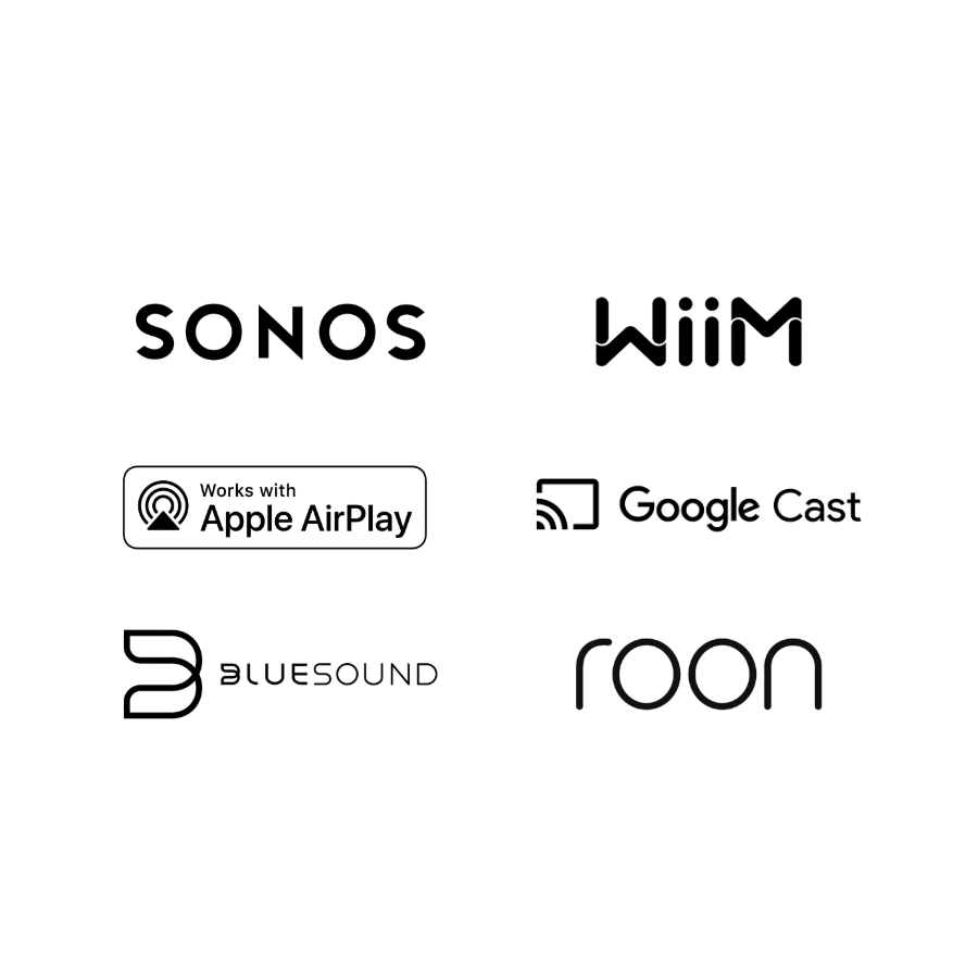 Logos of SONOS, Wiim, works with Apple AirPlay, Google Cast, Bluesound, and Roon streaming services.