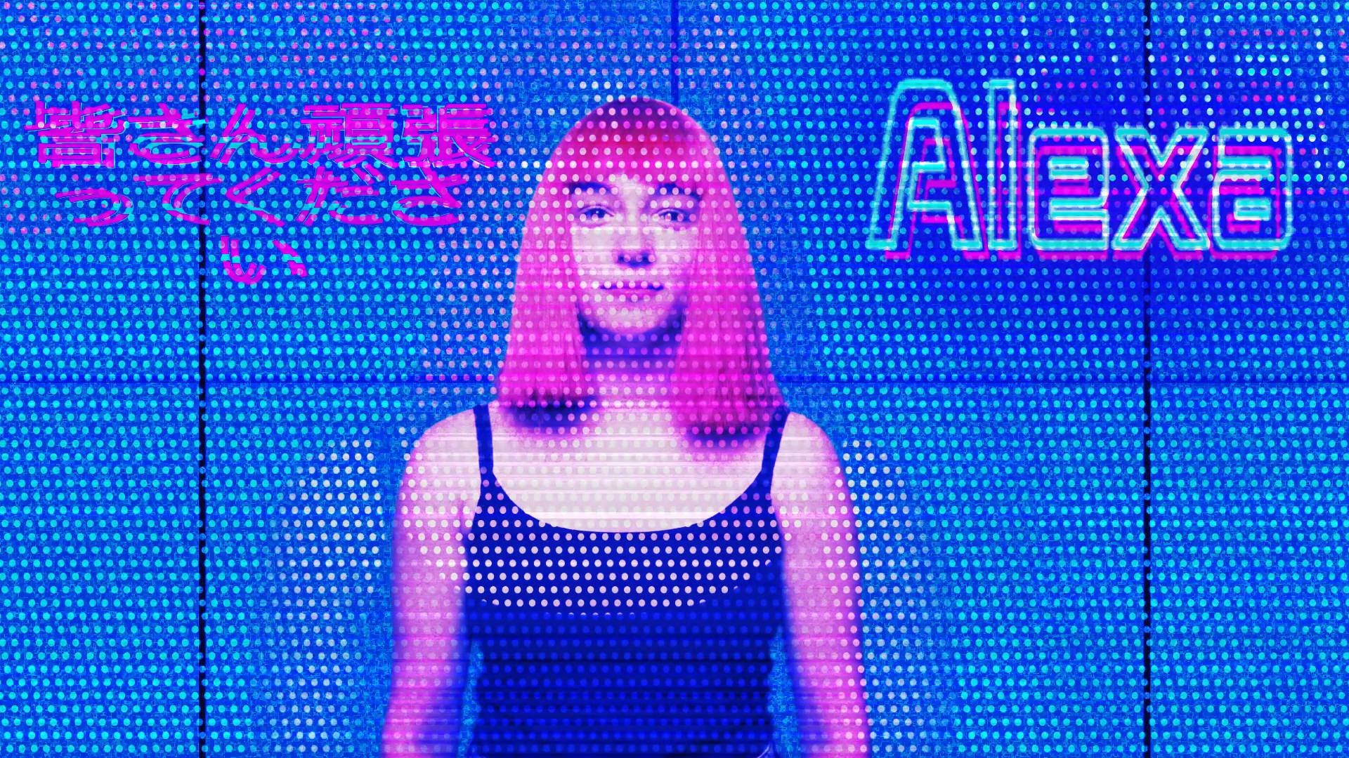 A young woman with pink hair and a black sleeveless top standing in front of a blue LED wall with neon signs in Japanese and English. The signs read 'ALEXA' and Japanese text in pink. The LED wall creates a vibrant, futuristic ambiance.