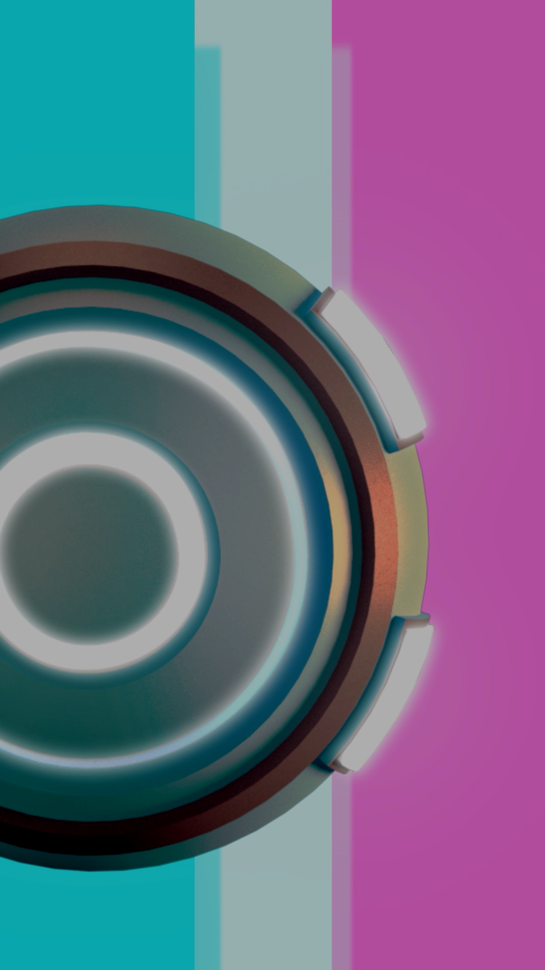 Close-up of a modern speaker with multicolored background stripes in teal, gray, and pink.