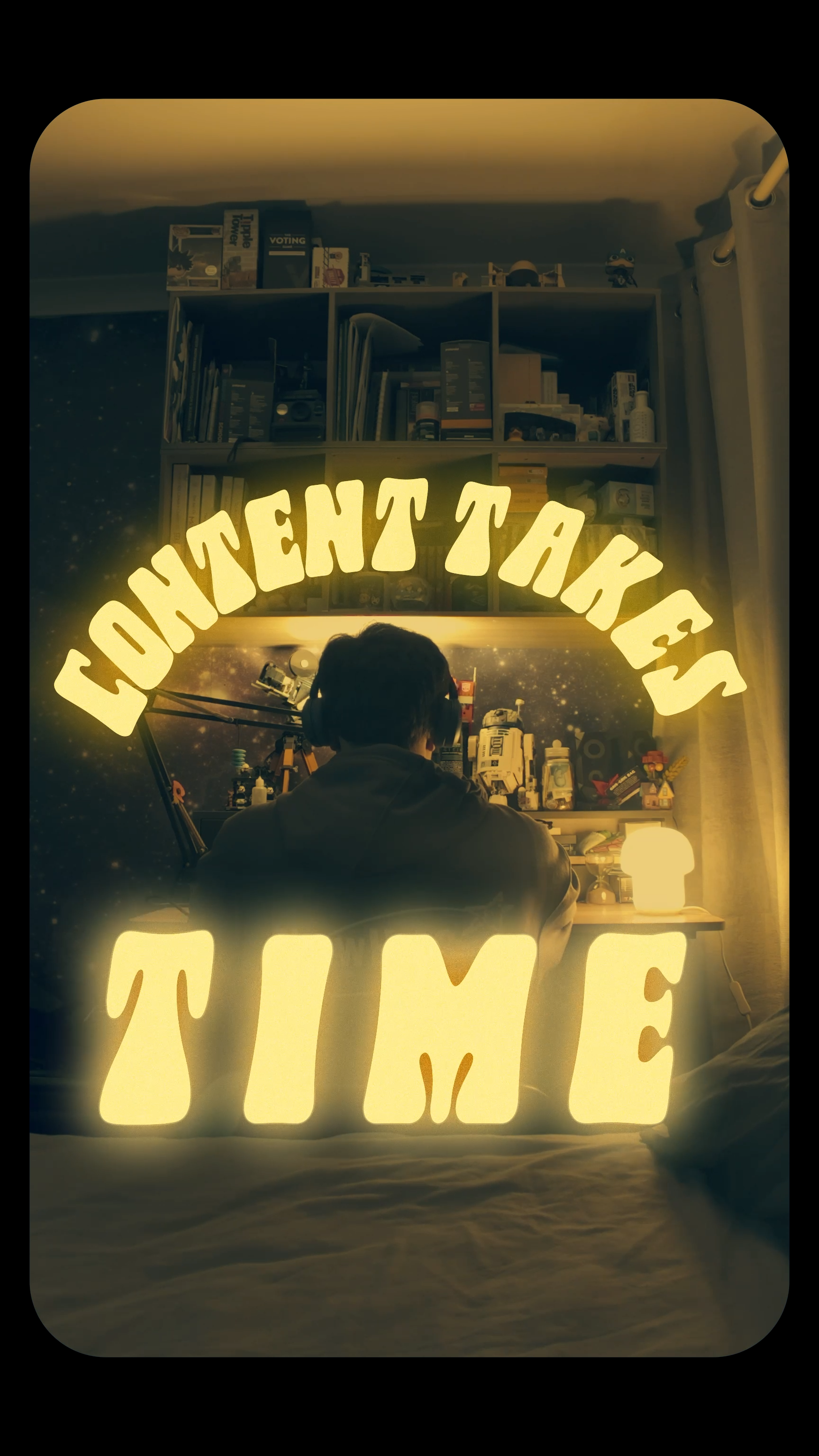 A person with headphones sitting at a desk, seen from behind, with a shelf full of books and toys in the background. The image has overlay text that reads 'Confident Takes Time' in bold, glowing yellow letters.