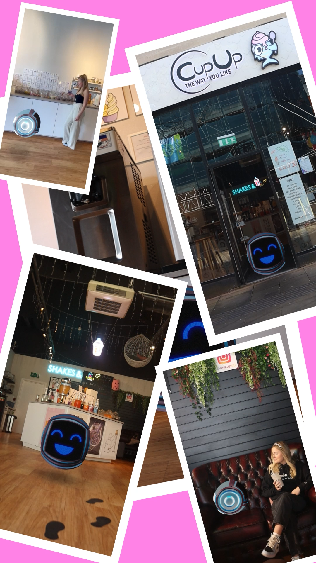 Collage of photos featuring a young woman inside a coffee shop and shake bar, with a robot character and social media icons; the shop has modern decor, a counter with drinks, and hanging string lights.