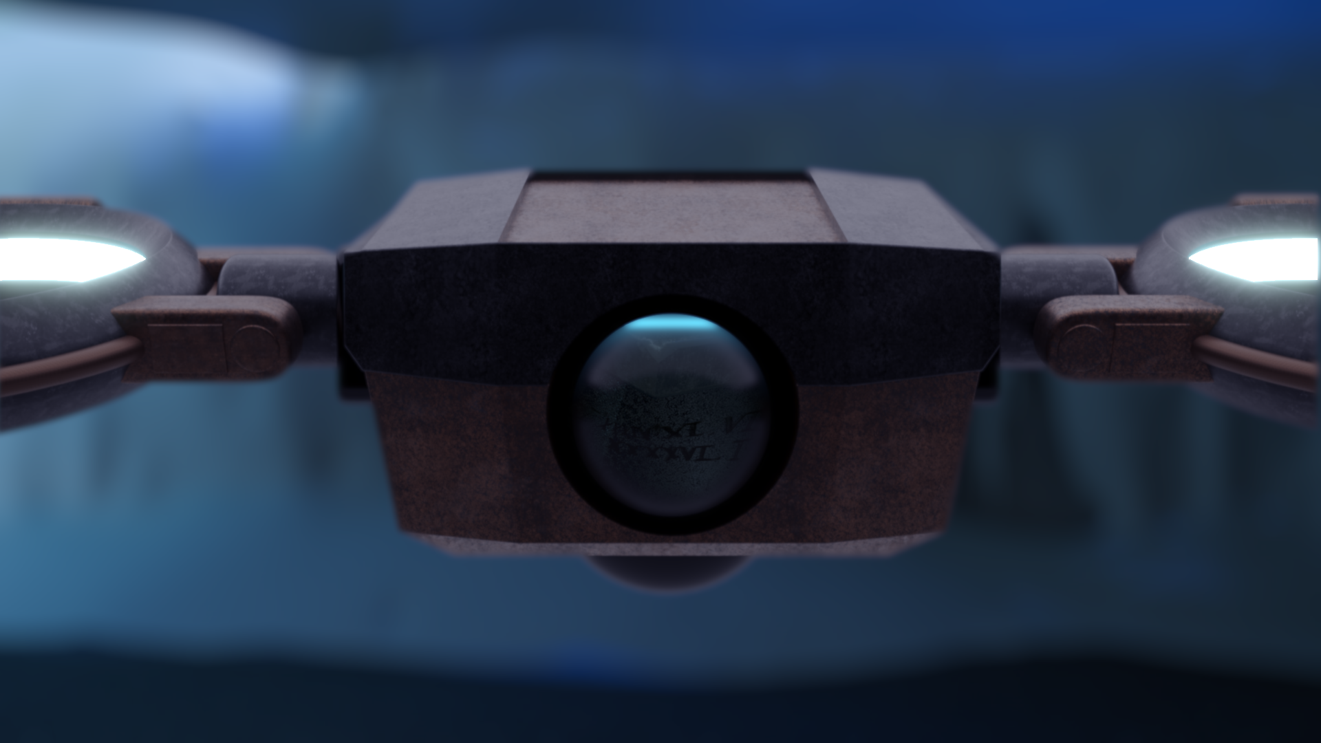 Close-up of a drone's front with glowing lights and camera lens, blurred background.