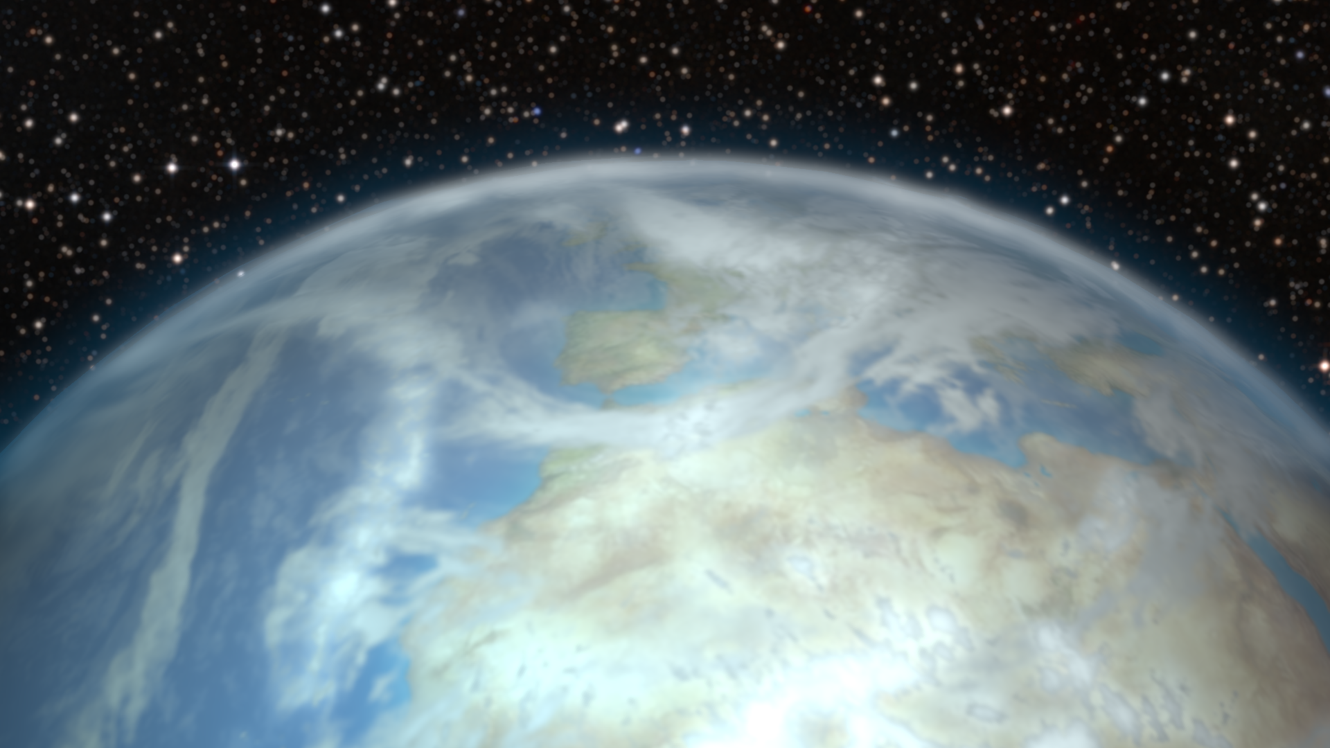 View of Earth from space with clouds, land, and water, against a backdrop of stars.