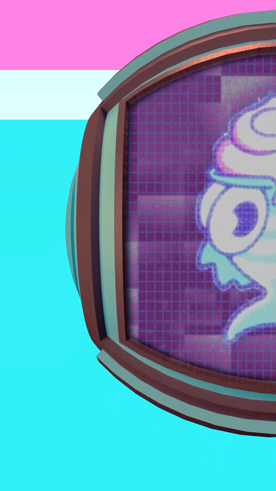 Close-up of a vintage computer screen with a cartoon character, with pastel pink, blue, and teal colors in the background.