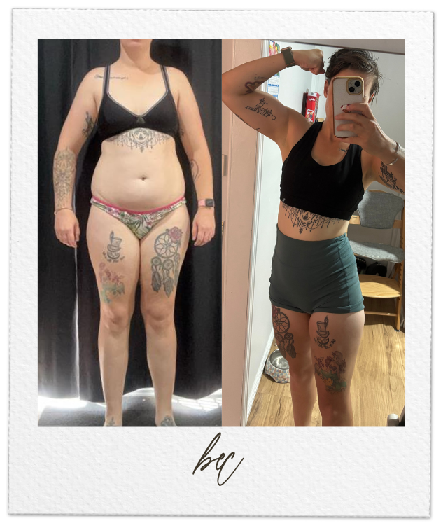 Side-by-side comparison photo showing a woman's transformation. On the left, she is wearing dark lingerie, standing with her arms at her sides, with visible tattoos on her arms and thighs. On the right, she is taking a mirror selfie, flexing her right arm, wearing a black sports bra and dark shorts, with tattoos visible on her arms and thighs, in a room with wooden flooring and furniture.