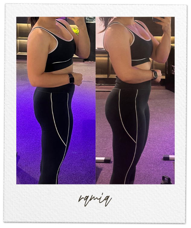 Side-by-side selfie photos of a woman in workout clothes, showing her progress before and after fitness improvements, in a gym with purple lighting.