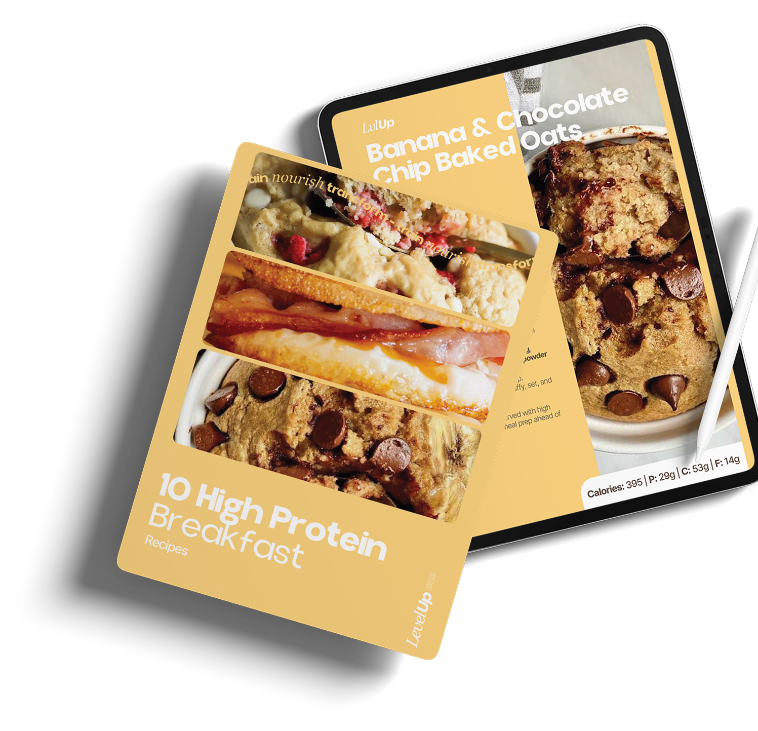 Digital tablet and a recipe card displaying breakfast foods like baked oatmeal, sandwich, and chocolate chip cookies, with nutritional information on the digital screen.