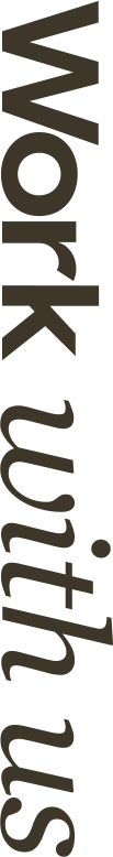 Vertical black text with the words 'Work with us' in lowercase letters