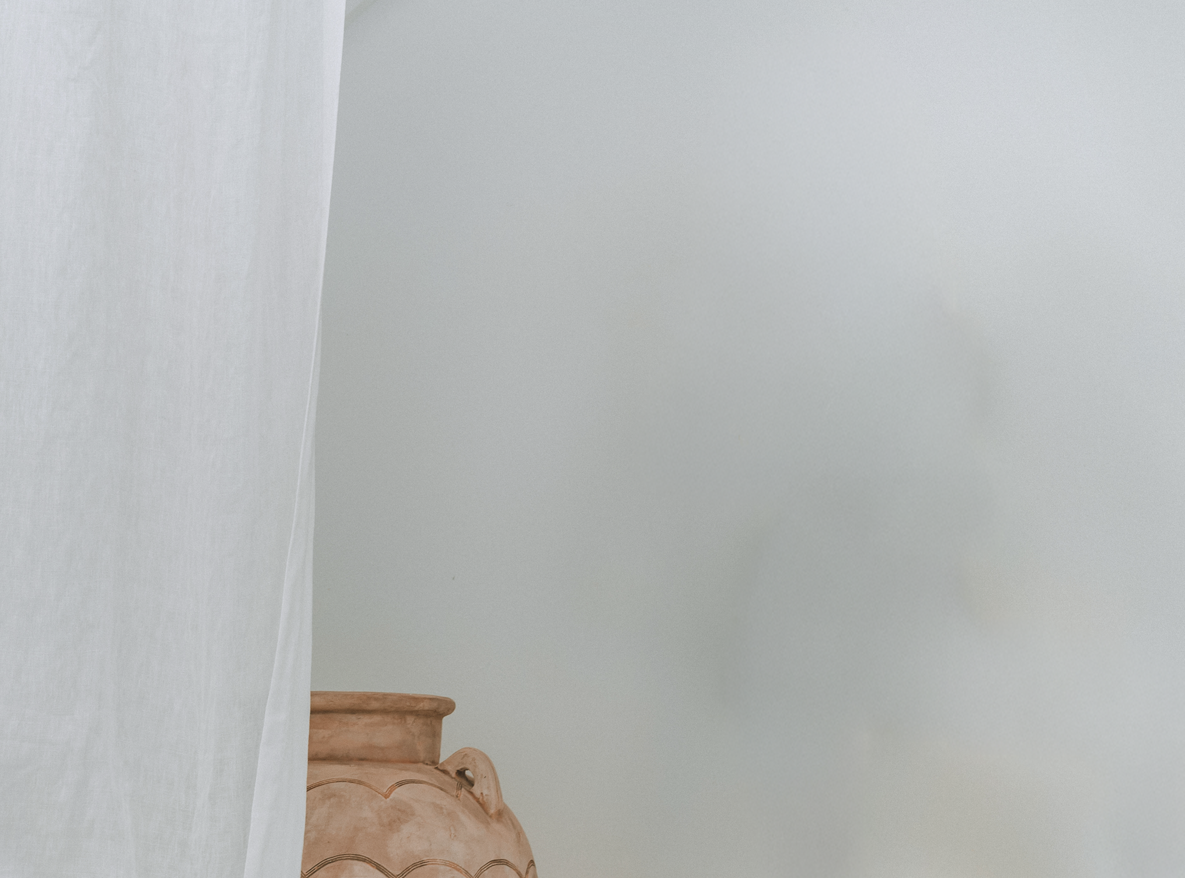 Part of a beige ceramic vase with decorative patterns, partially visible behind a white curtain, against a plain light gray wall.