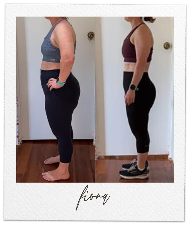 Side-by-side before and after photos of a woman showing weight loss and body transformation, with her wearing athletic clothing in both images.