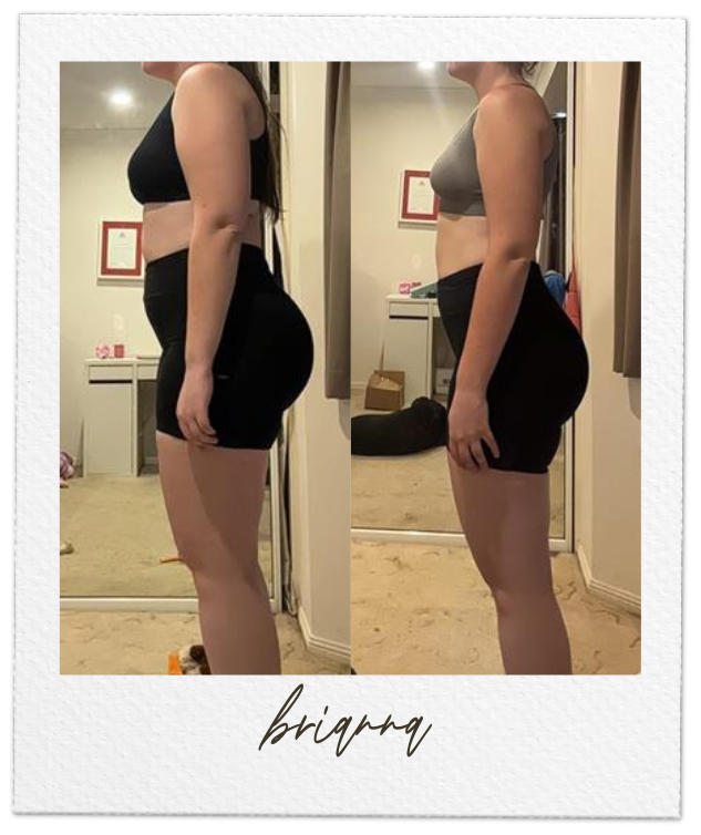 Side-by-side comparison of a woman before and after a fitness journey, showing progress in her body transformation.