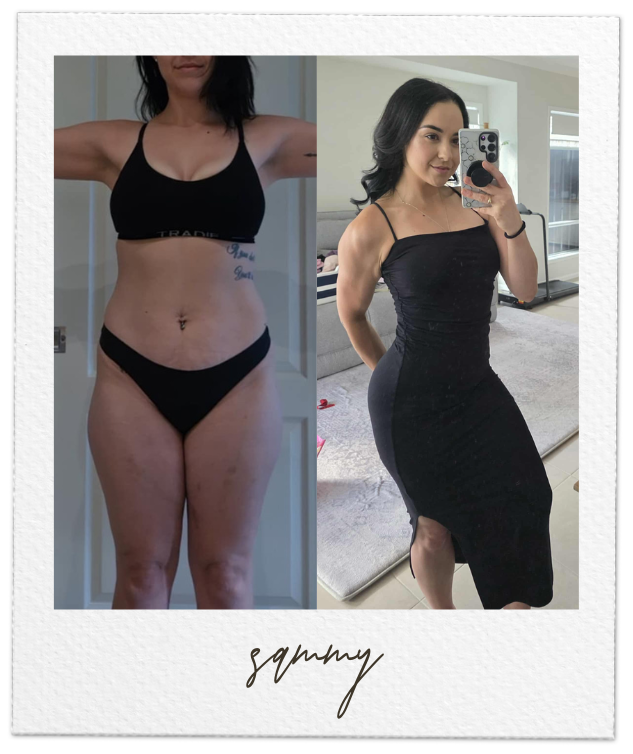 Side-by-side comparison photo showing a woman's weight loss transformation, wearing black clothing, with her name 'Sammy' written below.