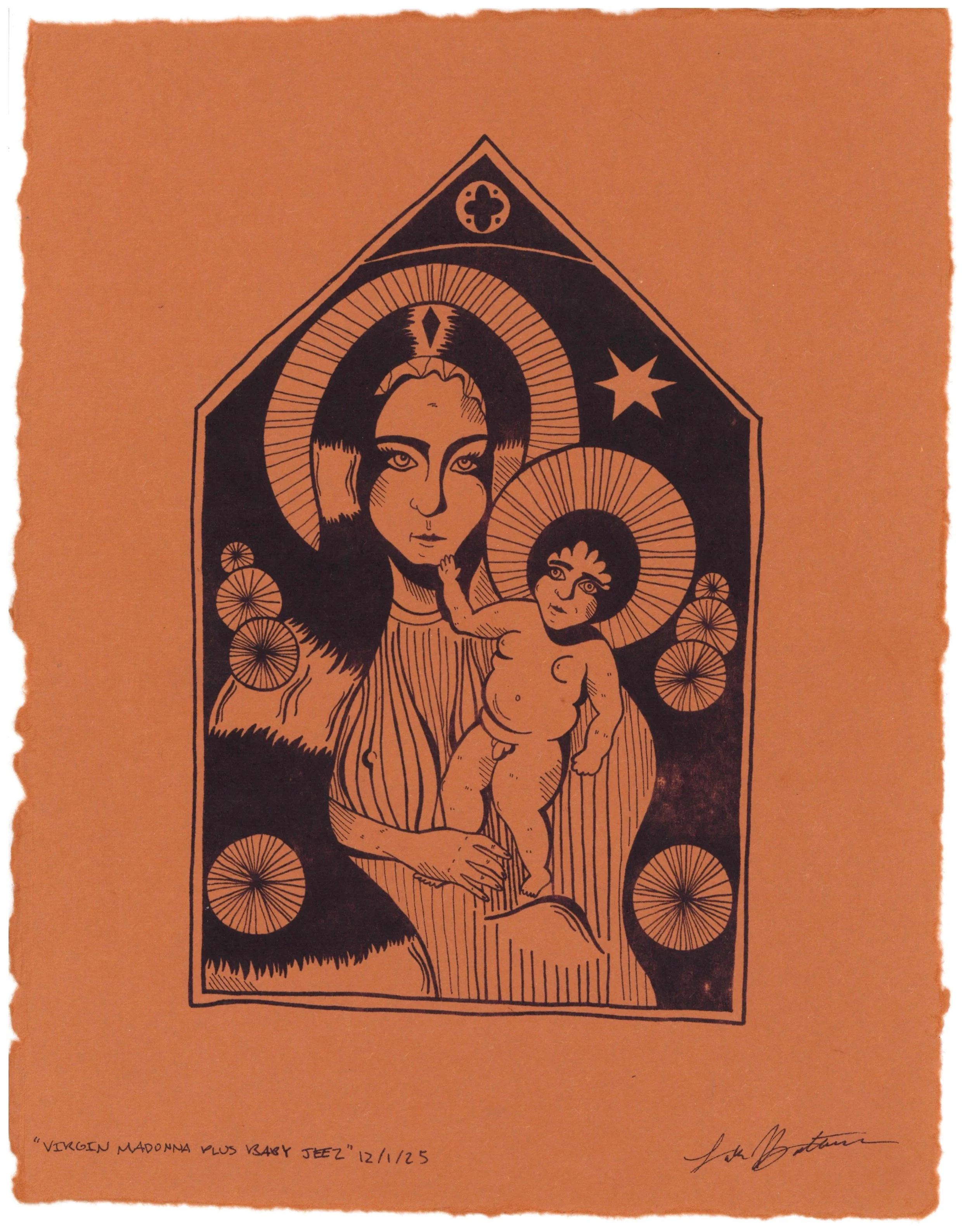 "Virgin Madonna Plus Baby Jeez" Riso Print on Hand Made Paper 9x12" 2025