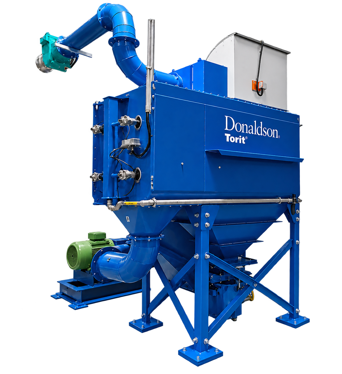 Industrial dust collection system with blue metal casing, labeled Donaldson Torit, featuring pipes, filters, and a fan, supported by a metal frame.