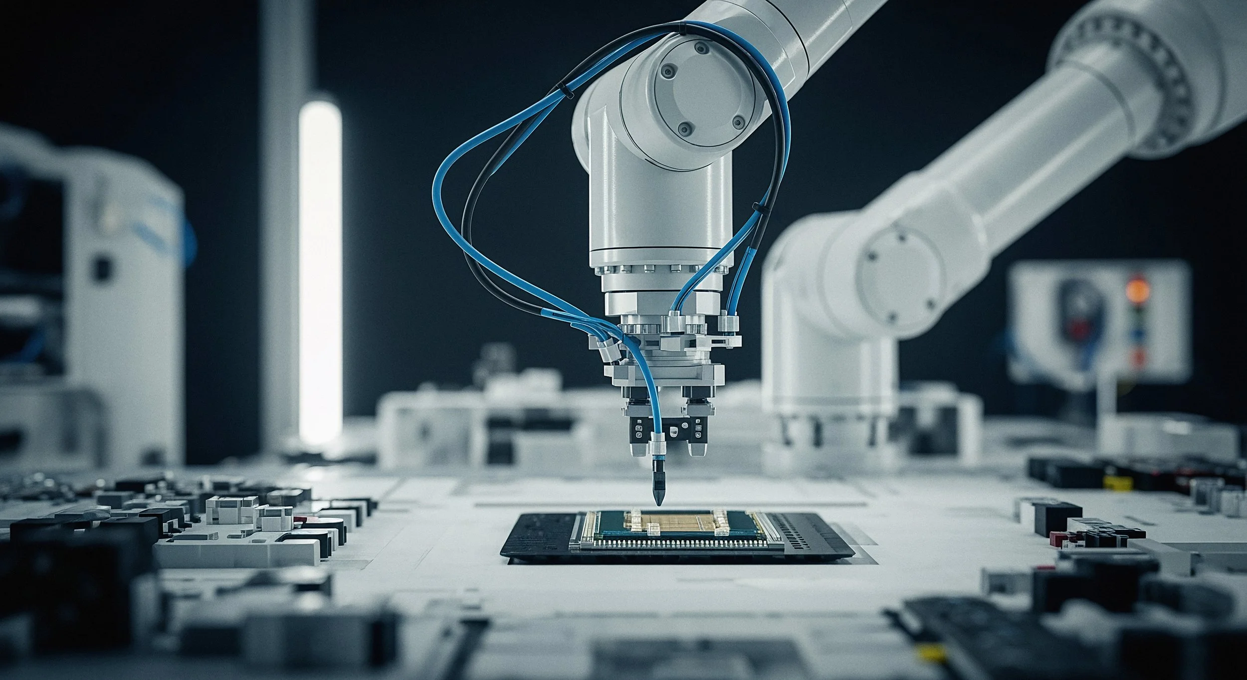 Robotic arm placing a chip on a circuit board in a semiconductor cleanroom
