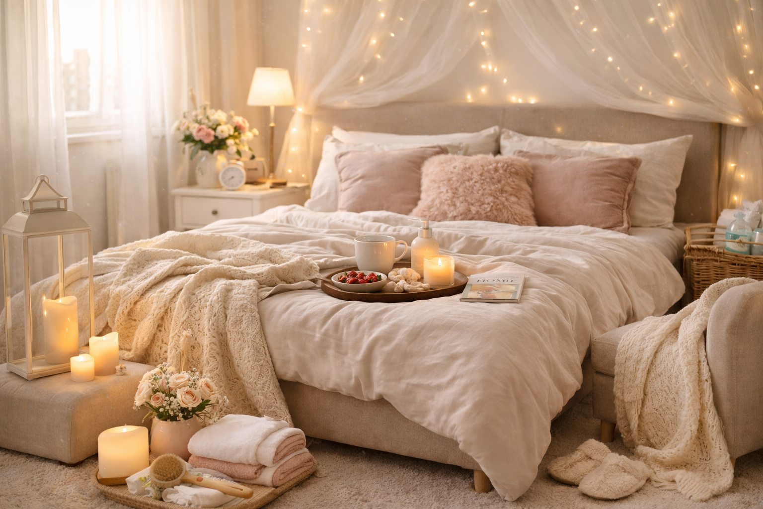 A cozy bedroom decorated with soft pink and cream colors, fairy lights, candles, and flowers, featuring a made bed with plush pillows and a tray with a mug, strawberries, and cookies.