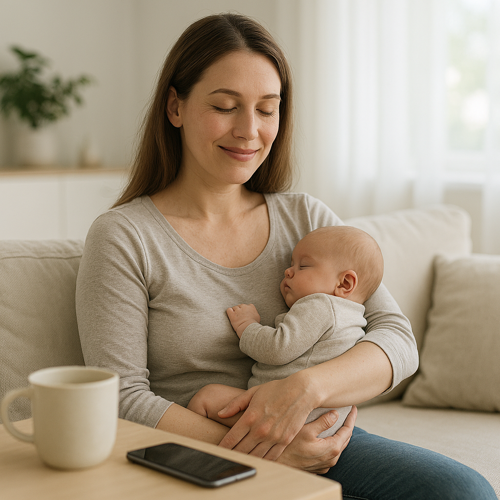 calm relaxed happy mum during postpartum because of Bubs Out!