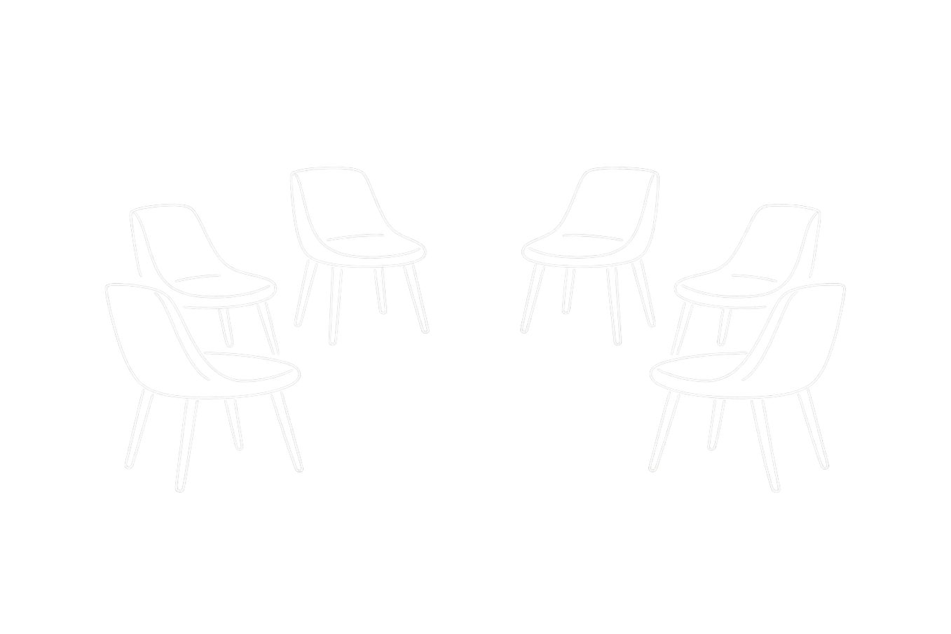 Outline drawing of six chairs arranged in a circle on a black background.