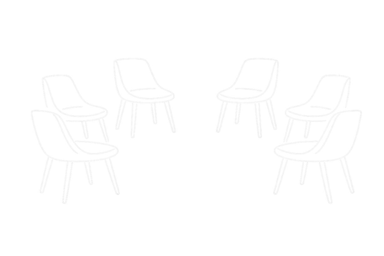 Outline drawing of six chairs arranged in a circle on a black background.