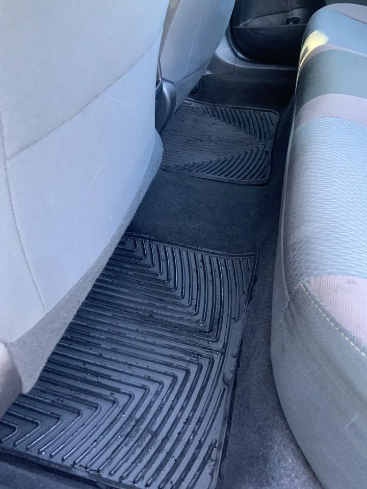 Car interior showing the back seat area with rubber floor mats and the back of the front seat.