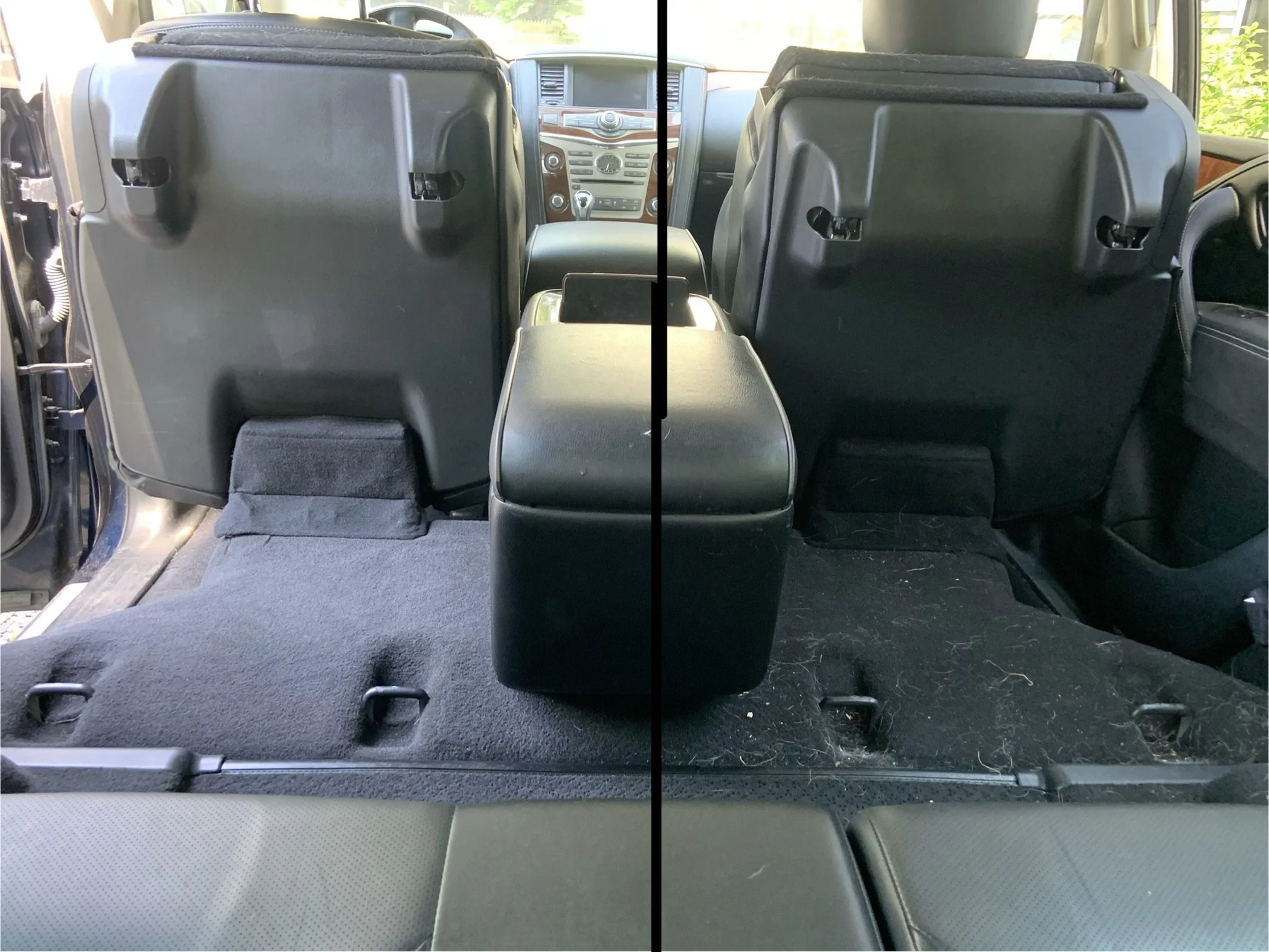 Comparison of the back seats of a vehicle before and after cleaning. The left side shows a clean, dust-free interior with a gray carpet, while the right side shows a dirty, dusty interior with debris and pet hair on the black carpet.