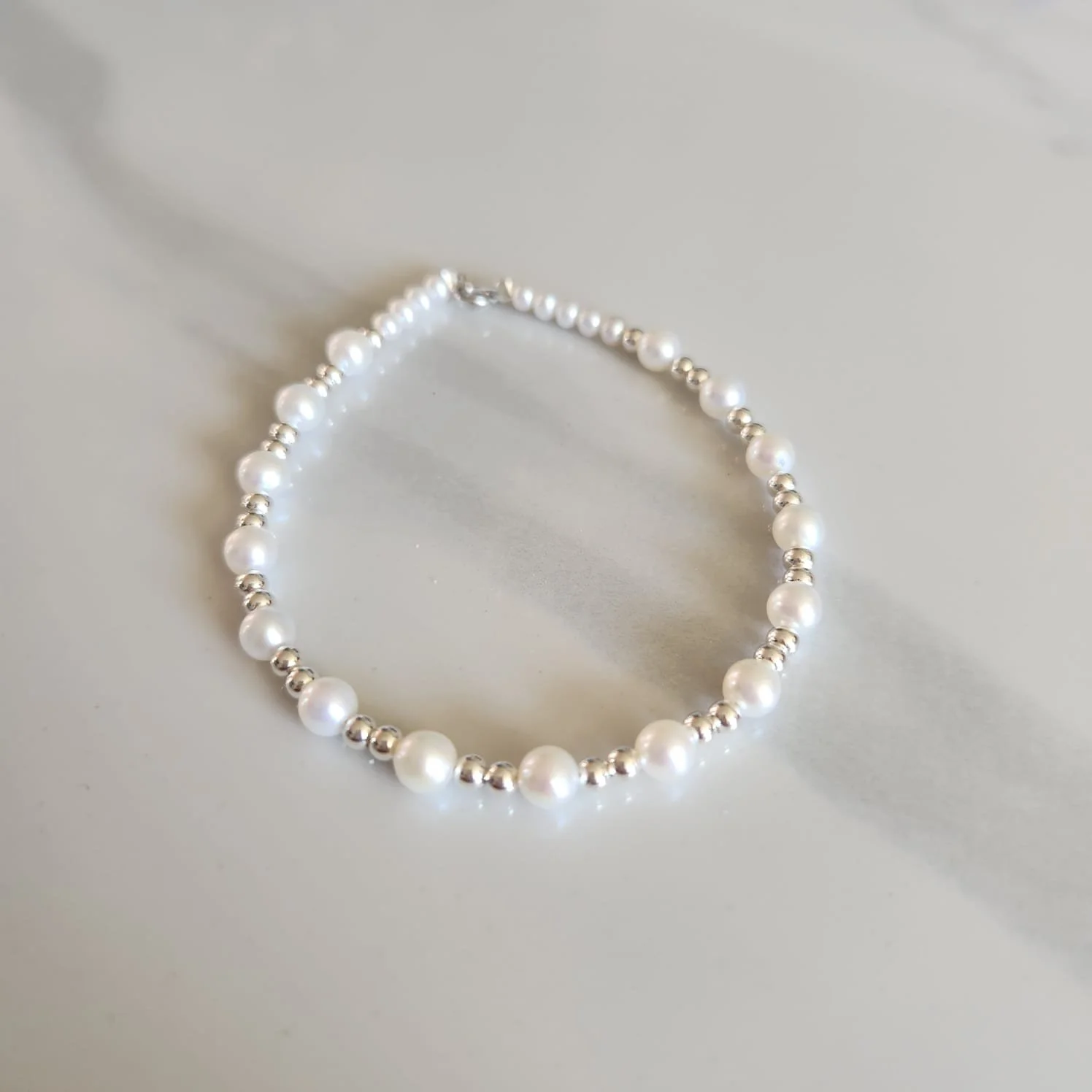 4-5mm Pearl & Silver Bead Bracelet 925 Silver