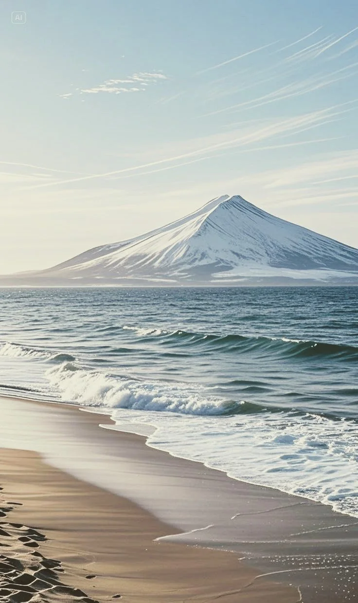 Snow-capped mountain near the ocean with waves and sandy beach in the foreground.
