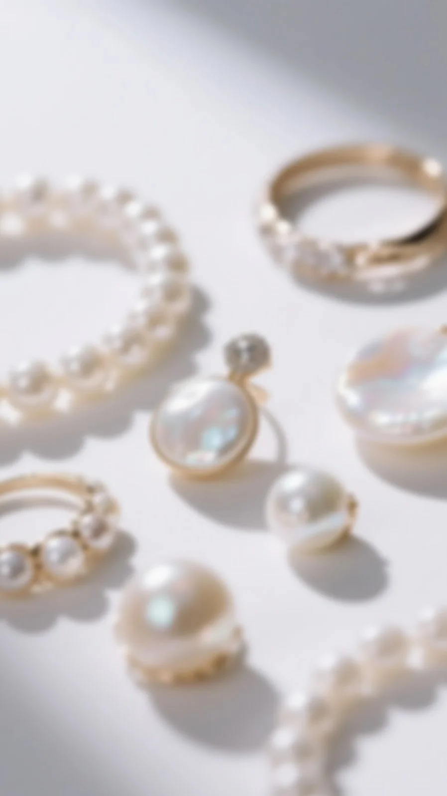 Close-up of pearls, a ring with a large pearl, a diamond ring, a pearl bracelet, and a pearl brooch on a white surface.
