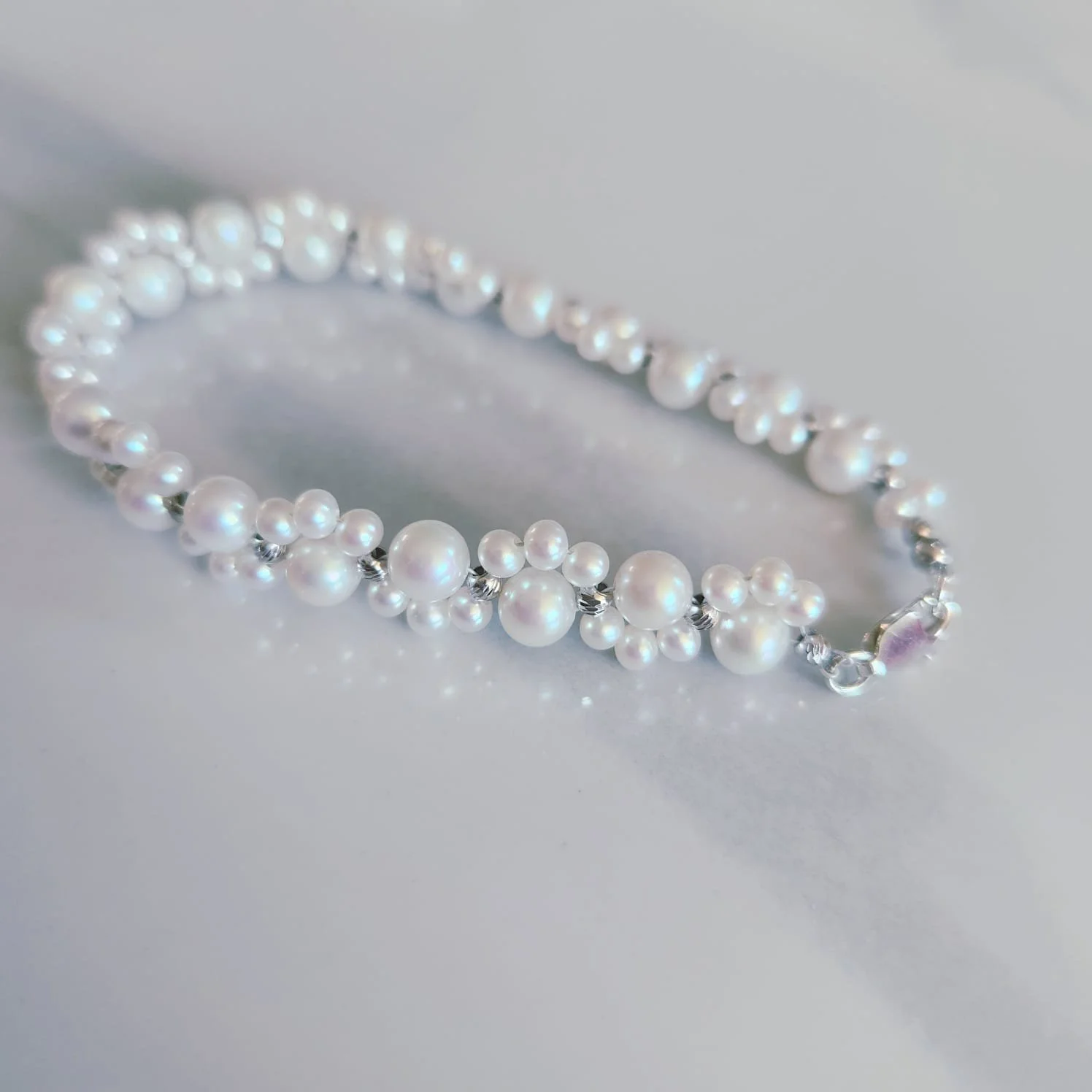 3-6mm Pearl & Silver Patterned Bead Bracelet 925 Silver