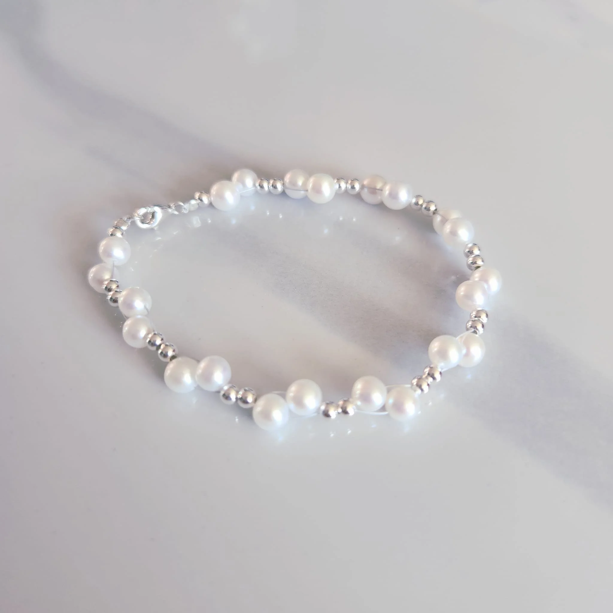 4-5mm Freshwater Pearl & Silver Bead Bracelet 925 Silver