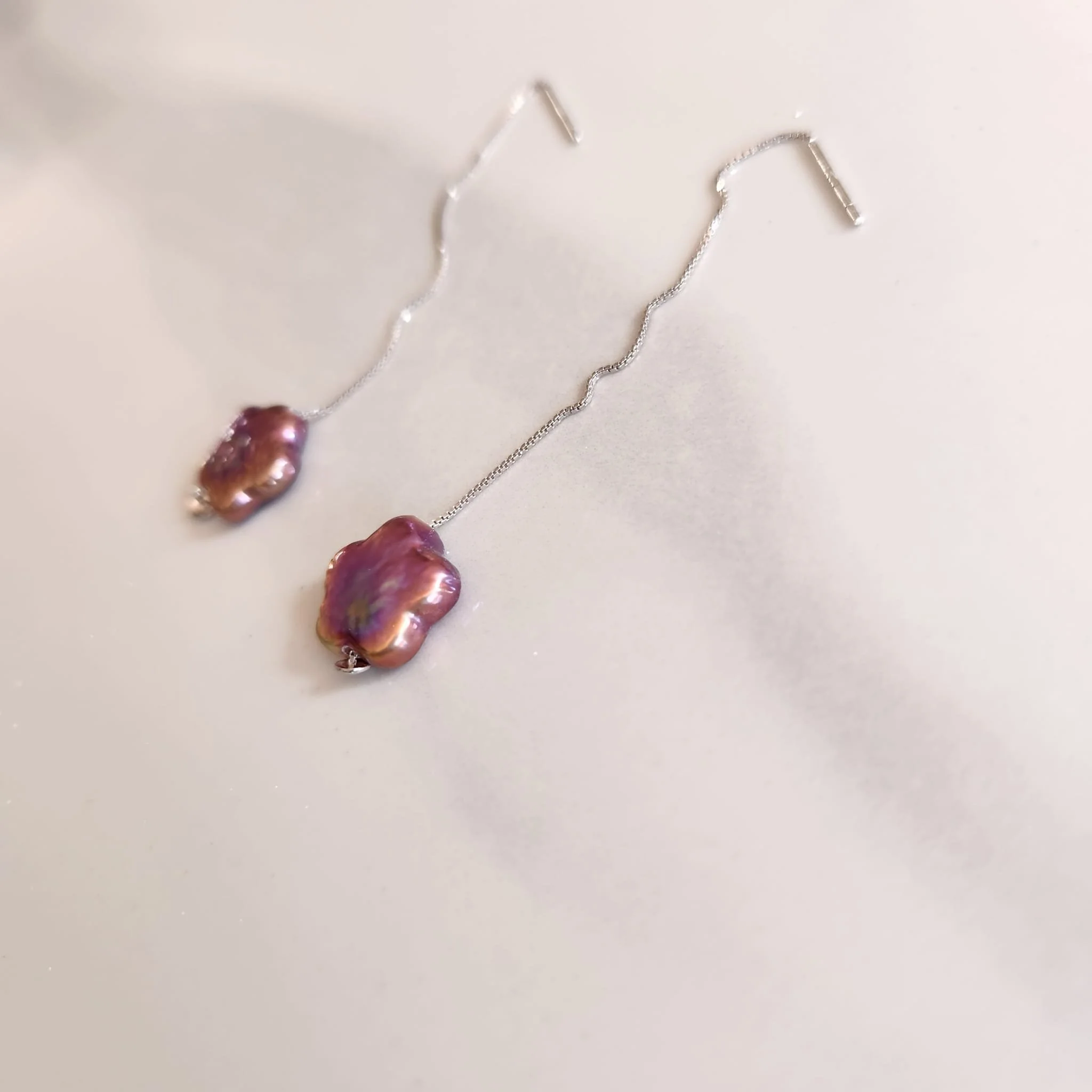 Purple Star Pearl Earring Chain 925 Silver